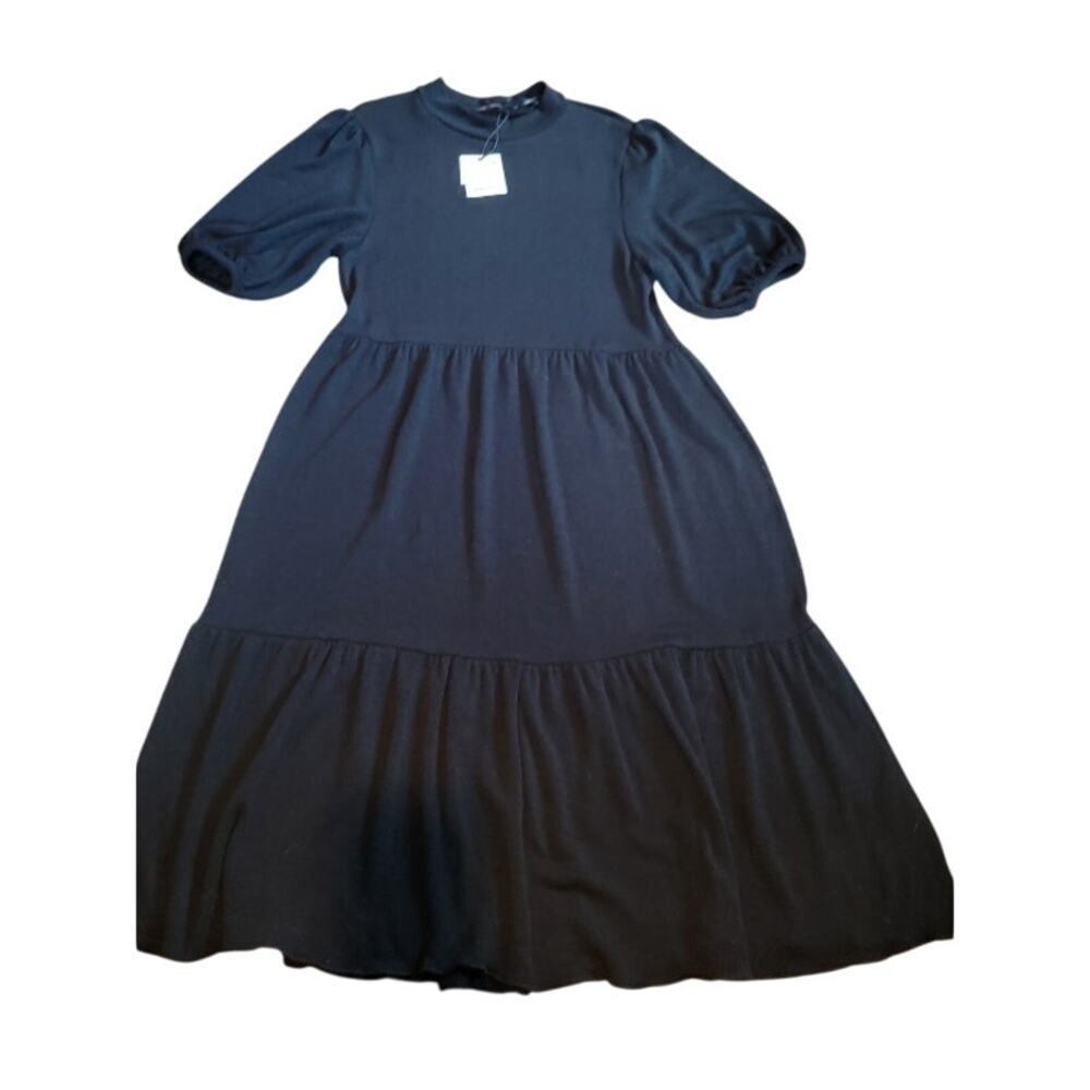 NEW ZARA Prairie Style Black Midi Dress XL Women's Cottagecore Short Sleeve